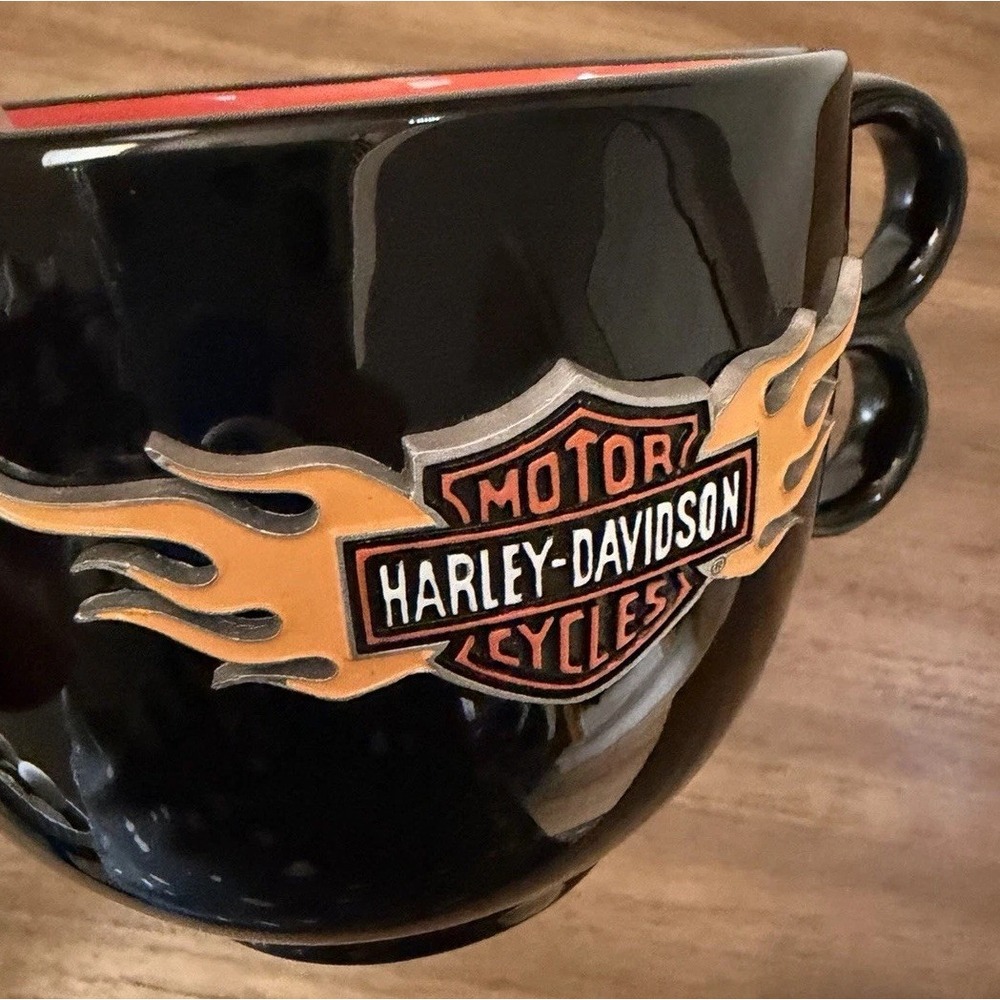 Harley Davidson Flame Metal Logo Coffee Mug Black Red Large Cup 2005